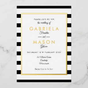 Eleganter Schwarz-Weiß-Streifen Hochzeitsgold Folieneinladung