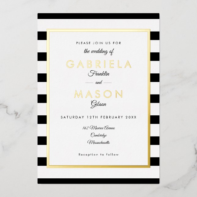 Eleganter Schwarz-Weiß-Streifen Hochzeitsgold Folieneinladung (Vorderseite)