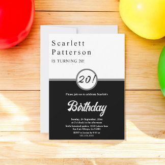 Eleganter Schwarz-Weiß Trendy Chic 20. Geburtstag Einladung