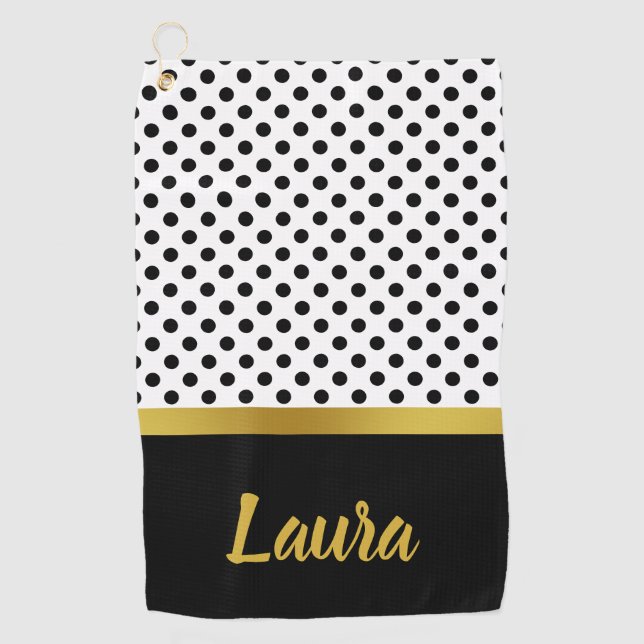 Eleganter Schwarz-weiß- und Goldpolka-Punktskriptn Golfhandtuch (Vorderseite)