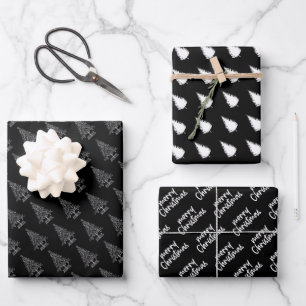 Eleganter Schwarz-Weiß-Weihnachtsbaum Geschenkpapier Set