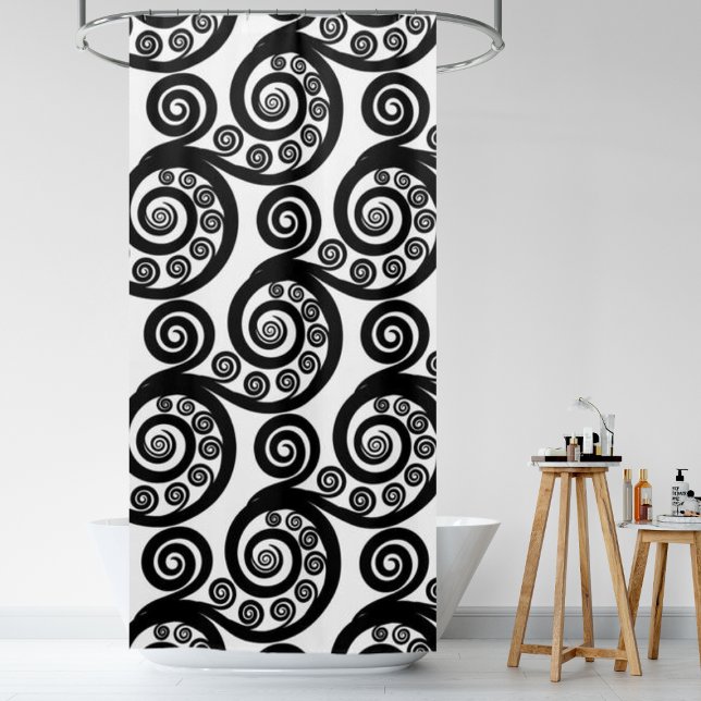 Eleganter Schwarz-Weiß-Wirbel Duschvorhang (Elegant Black & White Curly Swirls Shower Curtain)