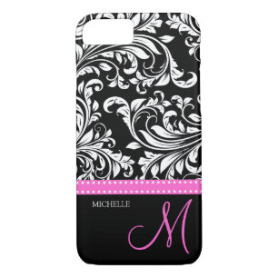 Eleganter schwarz-weißer Damask mit rosa Monogramm Case-Mate iPhone Hülle