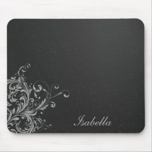 Eleganter Schwarz-weißer Damast mit Blumen Mousepad