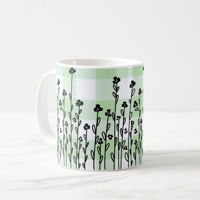 Eleganter Schwarz-weißer Dodle-grüner Gingham Kaffeetasse (Vorderseite Links)