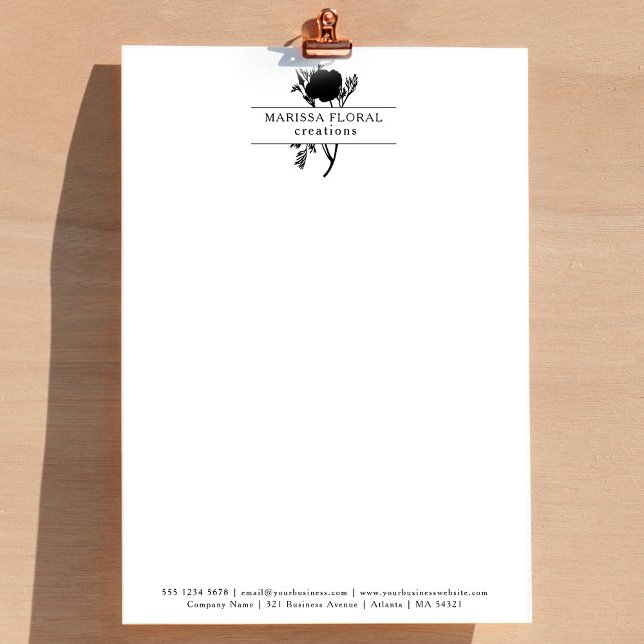 Eleganter Schwarz-weißer Florist Botanischer Blume Briefbogen (Elegant Black White Florist Botanical Flower Shop Letterhead)