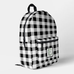 Eleganter Schwarz-weißer Gingham-Brief E botanisch Bedruckter Rucksack