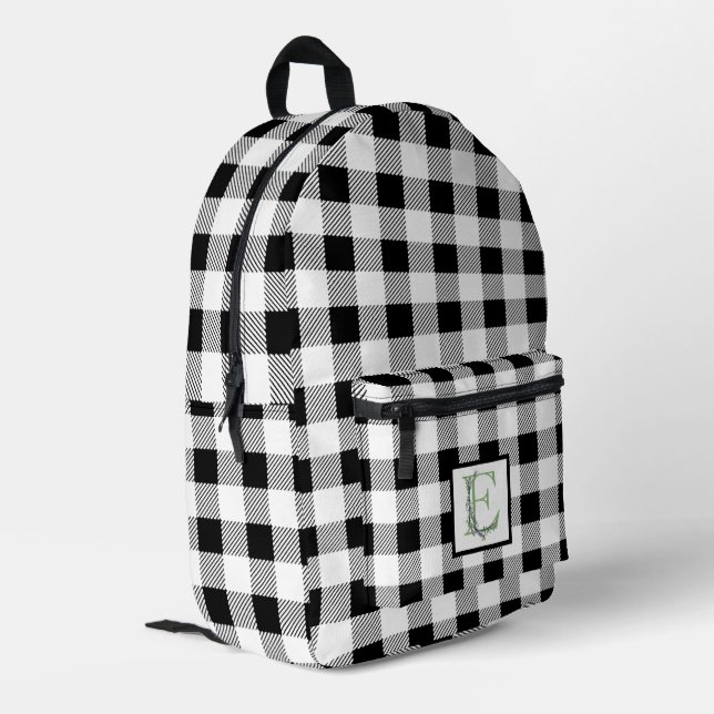 Eleganter Schwarz-weißer Gingham-Brief E botanisch Bedruckter Rucksack (Rückseitige Ecke links)