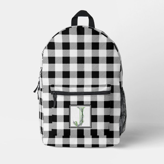 Eleganter Schwarz-weißer Gingham-Brief J Bedruckter Rucksack (Vorderseite)