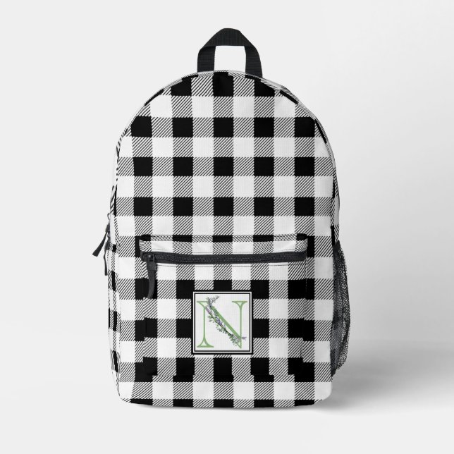 Eleganter Schwarz-weißer Gingham-Brief N Bedruckter Rucksack (Vorderseite)