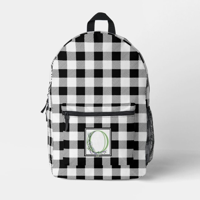 Eleganter Schwarz-weißer Gingham-Brief O Bedruckter Rucksack (Vorderseite)