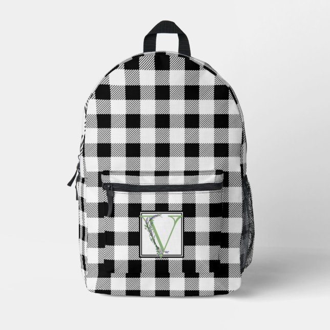Eleganter Schwarz-weißer Gingham-Monogramm-Brief V Bedruckter Rucksack (Vorderseite)