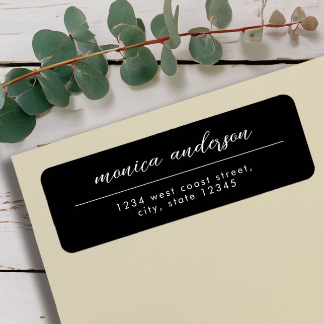 Eleganter Schwarz-weißer Minimalistischer Skriptna (Elegant Black White Minimalist Script Name Label)