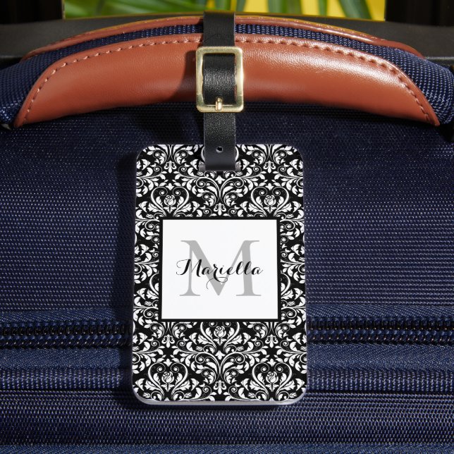 Eleganter, Schwarz-weißer Monogramm-Damaske Gepäckanhänger (Vorderseite Insitu 2)