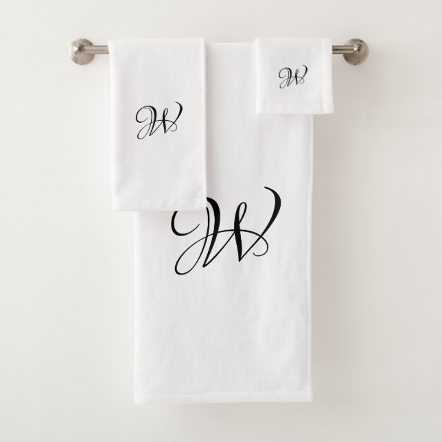 Eleganter Schwarz-weißer Monogramm-Initial-Chic Badhandtuch Set (Insitu)