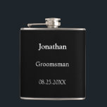 Eleganter Schwarz-weißer Personalisierter Trauzeug Flachmann<br><div class="desc">Eleganter Schwarz-weißer Personalisierter Trauzeuge Flask, bitte personalisieren Sie den Namen des Trauzeugen und das Datum der Hochzeit, mit der Online-Personalisierung Vorlage vor der Bestellung. Der Kolben kann alternativ für andere Hochzeitsbegleiter personalisiert sein, z. B. für Trauzeuge, falls Sie dies wünschen, indem Sie den entsprechenden Text vor der Bestellung entsprechend ändern....</div>