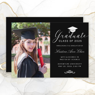 Eleganter Schwarz-weißer Script Cap Foto Abschluss Ankündigung