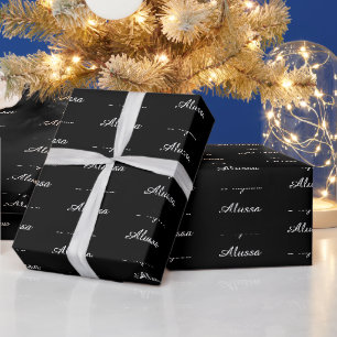 Eleganter Schwarz-weißer Skriptname Geburtstag Geschenkpapier
