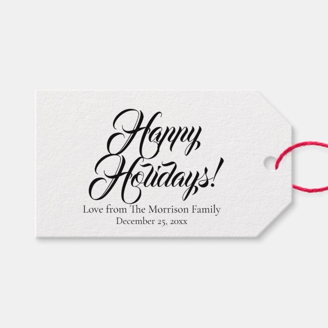 Eleganter Schwarz-weißer Skripttext Holidays Geschenkanhänger (Vorderseite (Horizontal))