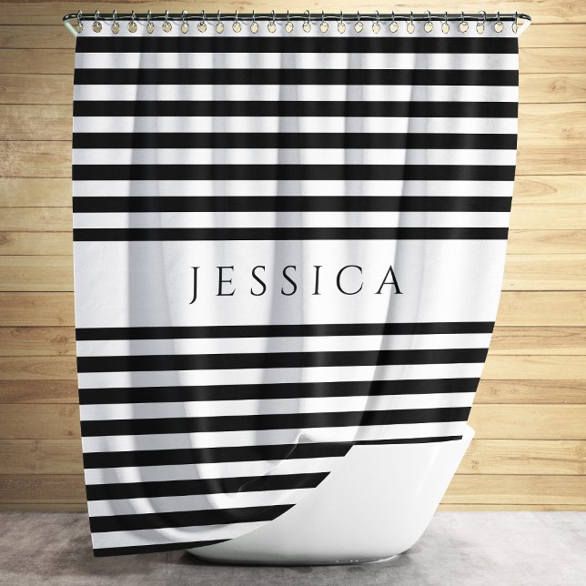 Eleganter schwarz-weißer Streifen Duschvorhang (Elegant Black And White Stripes Pattern Name Shower Curtain)