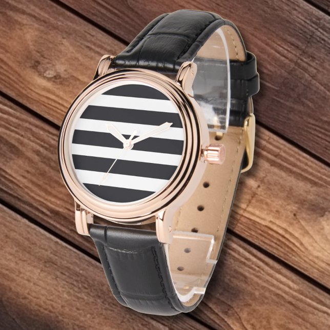 Eleganter Schwarz-weißer Streifen Leder & Gold Armbanduhr (Elegant Classic Black and White Stripes Leather Straps and Gold Face Watch for Women.)
