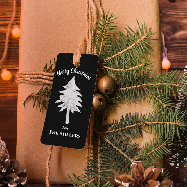 Eleganter Schwarz-weißer Weihnachtsbaum Frohe Weih Geschenkanhänger (Elegant Black White Christmas Tree Merry Christmas Gift Tags)