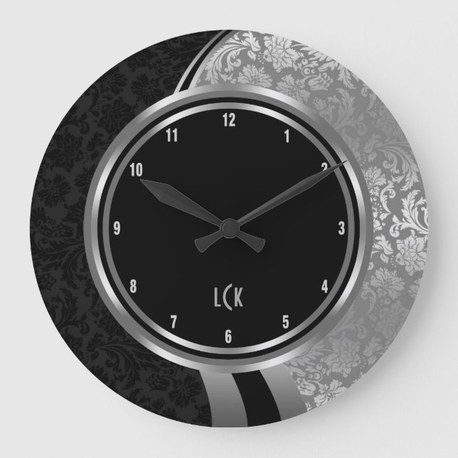 Eleganter schwarze und silberne Damast-silberner Große Wanduhr (Vorderseite)