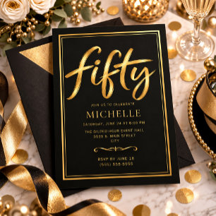 Eleganter schwarzer 50. Geburtstag in Gold Fifty Einladung