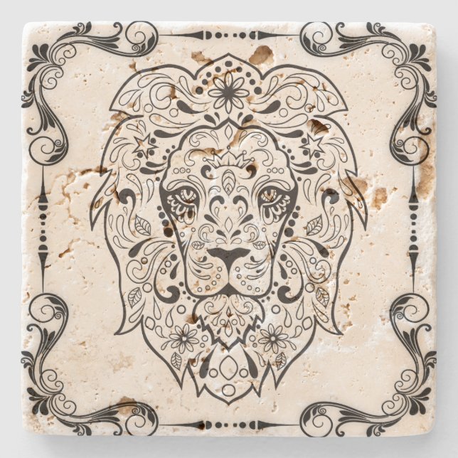 Eleganter schwarzer Blumenrahmen Lion Sugar Skull  Steinuntersetzer (Vorderseite)