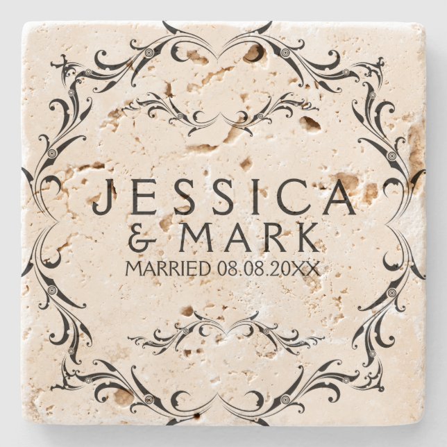 Eleganter Schwarzer Blumenrahmen Steinuntersetzer (Vorderseite)