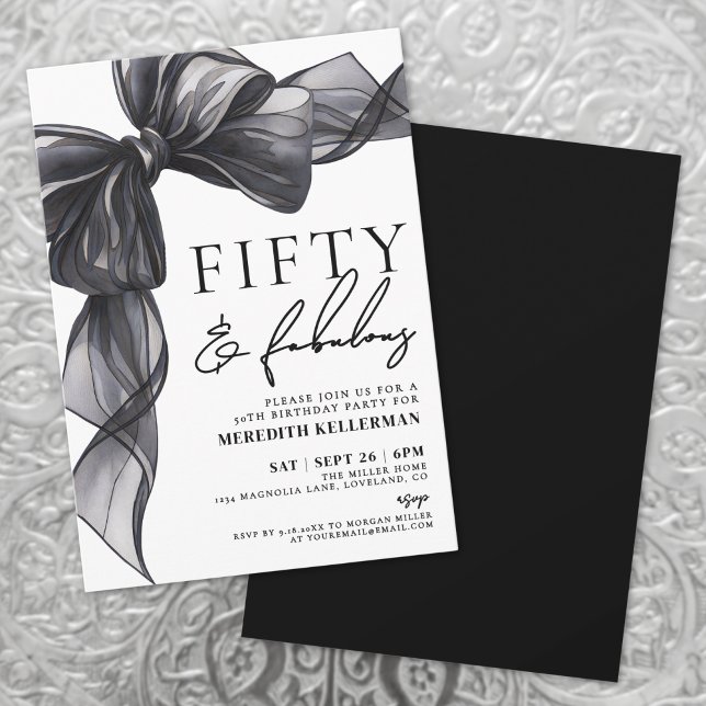 Eleganter schwarzer Bogen Fifty & Fabulous 50. Geb Einladung (Elegant Black Bow Fifty & Fabulous 50th Birthday Invitation)