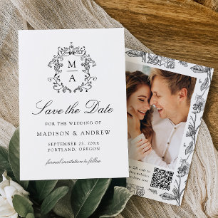 Eleganter schwarzer Chinoiserie-Blumen-QR-Code zur Save The Date
