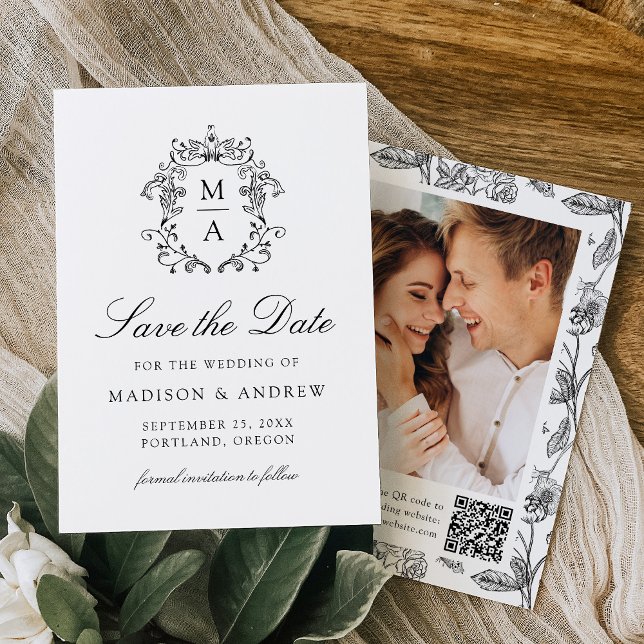 Eleganter schwarzer Chinoiserie-Blumen-QR-Code zur Save The Date (Von Creator hochgeladen)