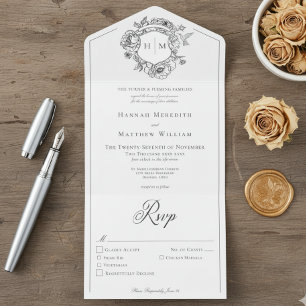 Eleganter schwarzer Chinoiserie-Vogelwappen-Hochze All In One Einladung