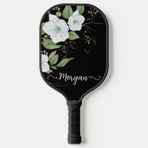 Eleganter schwarzer Floral-Aquarell-Name Pickleball Schläger