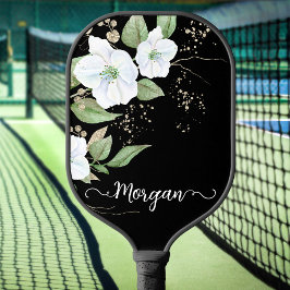 Eleganter schwarzer Floral-Aquarell-Name Pickleball Schläger