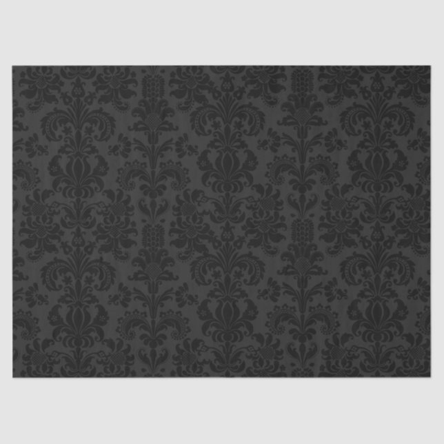 Eleganter schwarzer Floral Damaskus über dunkelgra Seidenpapier (Vorderseite)