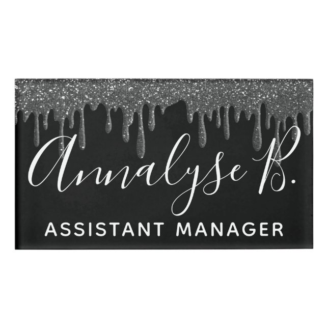 Eleganter, schwarzer Glitzer Funkelnd Name Berufli Namenschild (Vorderseite)