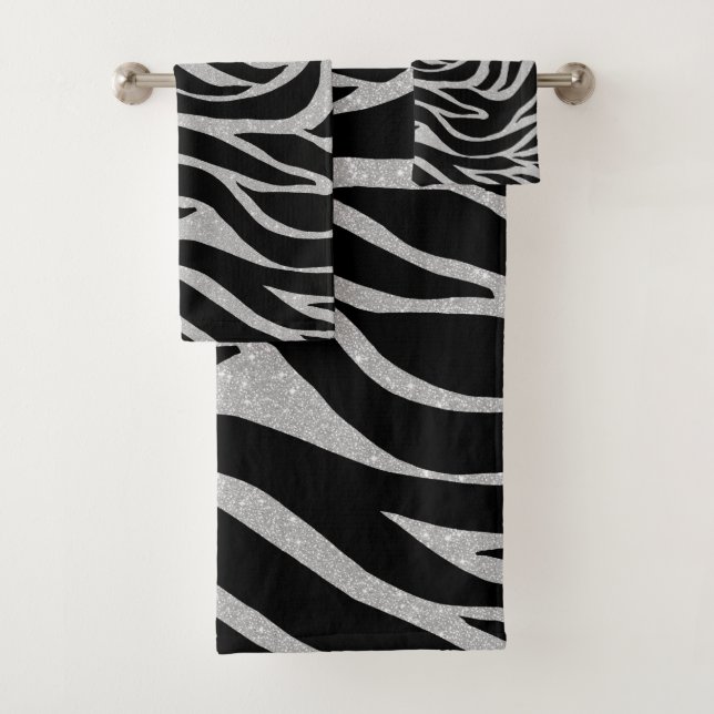 Eleganter Schwarzer Glitzer Silver Zebra Animal Pr Badhandtuch Set (Insitu)