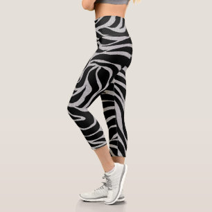 Eleganter Schwarzer Glitzer Silver Zebra Animal Pr Capri Leggings