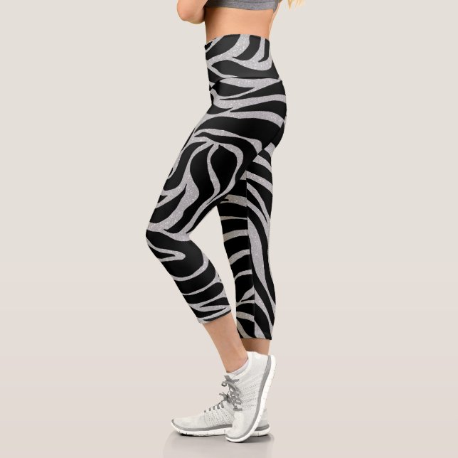 Eleganter Schwarzer Glitzer Silver Zebra Animal Pr Capri Leggings (Links)