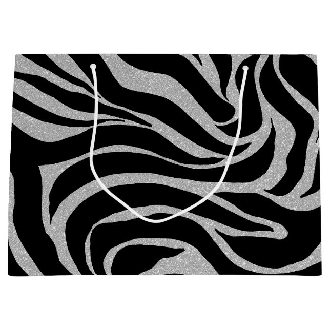 Eleganter Schwarzer Glitzer Silver Zebra Animal Pr Große Geschenktüte (Vorderseite)
