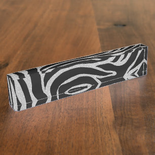 Eleganter Schwarzer Glitzer Silver Zebra Animal Pr Namensplakette