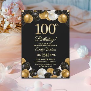 Eleganter schwarzer Gold-Glitter zum 100. Geburtst Einladung