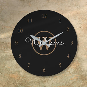 Eleganter schwarzer Gold-Monogramm-Schriftname Große Wanduhr