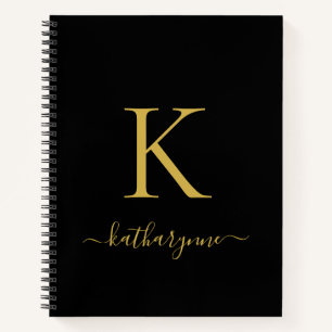 Eleganter schwarzer Gold-Monogramm-Schriftname Notizbuch