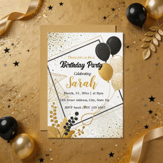 eleganter schwarzer Goldballon Any Age Geburtstag Einladung
