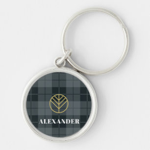 Eleganter schwarzer goldener Monogramm-Tartan-Karo Schlüsselanhänger