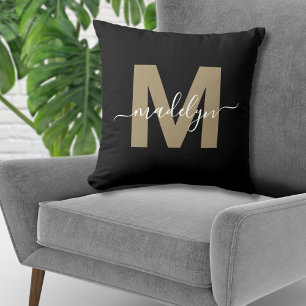 Eleganter schwarzer Goldinitial-Name Monogramm Kissen