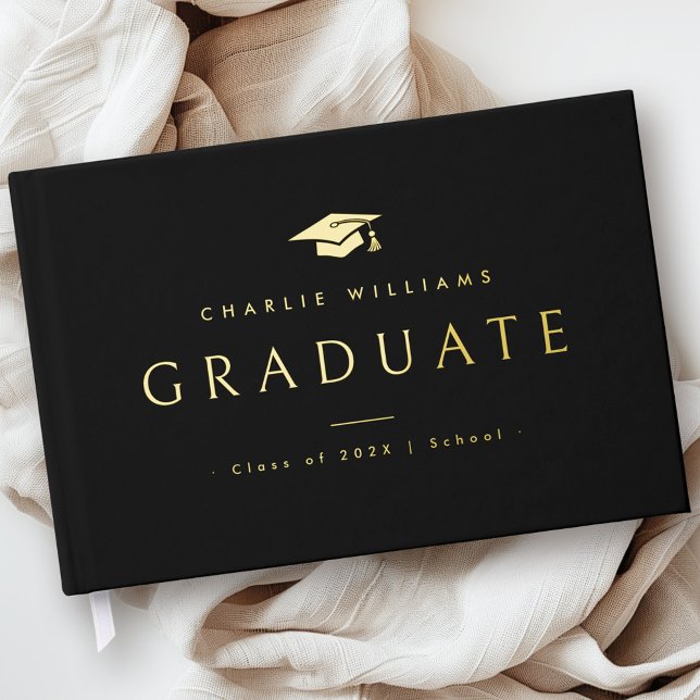 Eleganter schwarzer Graduiertenname real Gästebuch (Elegant black graduation cap graduate name real foil guest book)